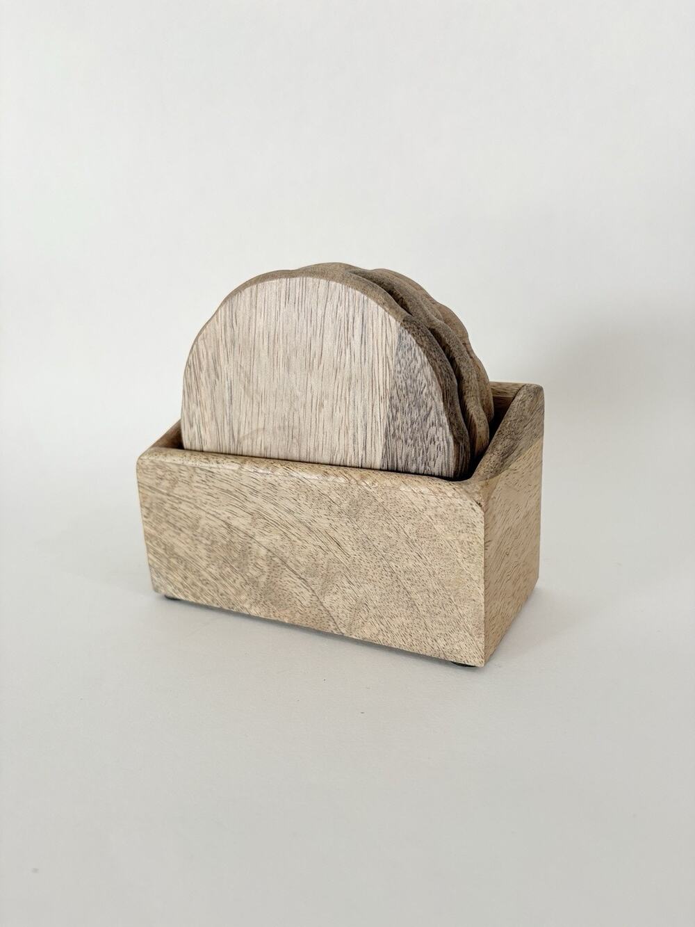 Wood Drink Coaster Set w Holder 4 Round Rustic Mango Wood Table Coasters NEW